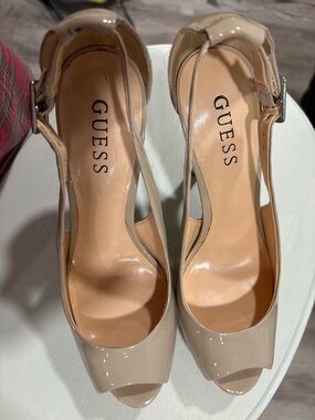 GUESS Nude Patent Peep-Toe Slingback Heels